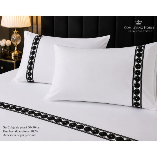 Set 2 fete de perna 50x70 cm bumbac ranforce alb uni cu accesoriu negru premium 