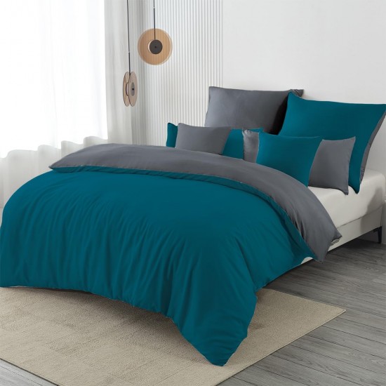 Lenjerie de Pat, Bumbac Ranforce  , 250 x 240 , 50X70,  70 x 70, 40 x 40 ,  220 X 200, 8  piese , Albastru Petrol- Gri Inchis