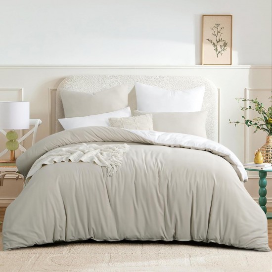 Lenjerie de Pat, Bumbac Ranforce   ,250 x 240 cm, 50X70,  200 X 200,  4 piese,  Bej deschis -Alb