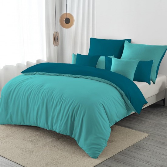 Lenjerie de Pat, Bumbac Ranforce  , 250 x 240 , 50X70,  70 x 70, 40 x 40 ,  220 X 200, 8  piese , Albastru Petrol -Albastru Turquoise 