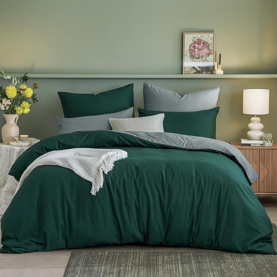 Lenjerie de Pat, Bumbac Ranforce   ,250 x 240 cm, 50X70,  200 X 200,  4 piese,  Verde Inchis -Gri 