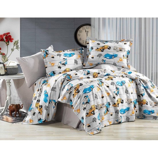 Lenjerie de Pat, Bumbac Ranforce  , 250 x 240 , 50X70,  220 X 200, 4 piese , cu model  masinute colorate pentru copii
