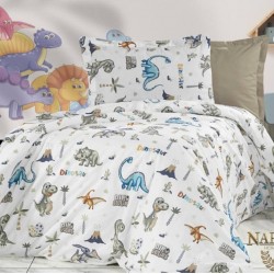 Lenjerie de Pat, Bumbac Ranforce  , 250 x 240 , 50X70,  220 X 200, 4 piese , cu model pentru copii Dinozaurii Veseli