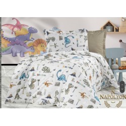 Lenjerie de Pat, Bumbac Ranforce  , 250 x 240 , 50X70,  220 X 200, 4 piese , cu model pentru copii Dinozaurii Veseli