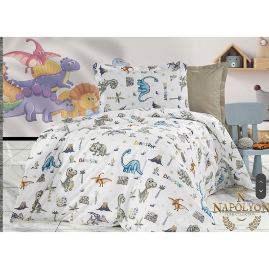 Lenjerie de Pat, Bumbac Ranforce  , 250 x 240 , 50X70,  220 X 200, 4 piese , cu model pentru copii Dinozaurii Veseli