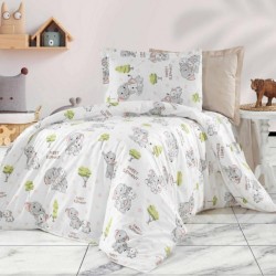 Lenjerie de Pat, Bumbac Ranforce  , 250 x 240 , 50X70,  220 X 200, 4 piese , cu model  pentru copii , Elefantul Dragut