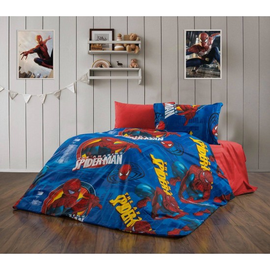Lenjerie de Pat, Bumbac Ranforce  , 250 x 240 , 50X70,  220 X 200, 4 piese , cu model pentru copii Spiderman 