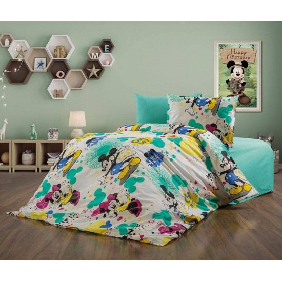 Lenjerie de Pat, Bumbac Ranforce  , 250 x 240 , 50X70,  220 X 200, 4 piese , cu model Micky  pentru copii