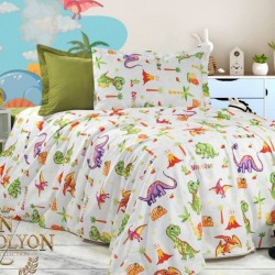Lenjerie de Pat, Bumbac Ranforce  , 250 x 240 , 50X70,  220 X 200, 4 piese , cu model   pentru copii Dinozaurii Veseli 2