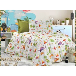 Lenjerie de Pat, Bumbac Ranforce  , 250 x 240 , 50X70,  220 X 200, 4 piese , cu model   pentru copii Dinozaurii Veseli 2
